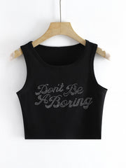 Rhinestone Letter Crop Tank Top Basic Stretch Summer Gym Yoga Tank Top
