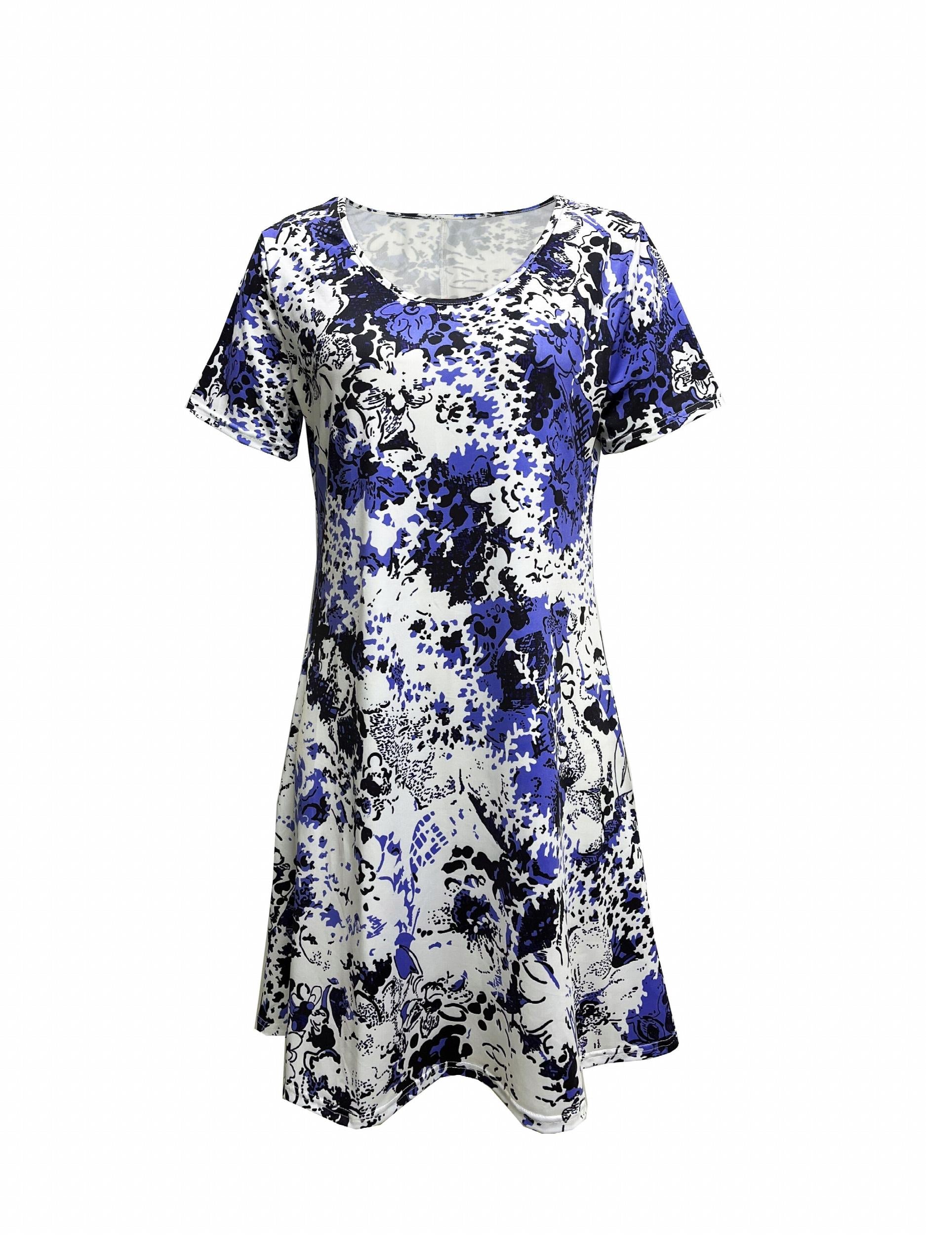 Allover Print Short Sleeve Round Neck Dress