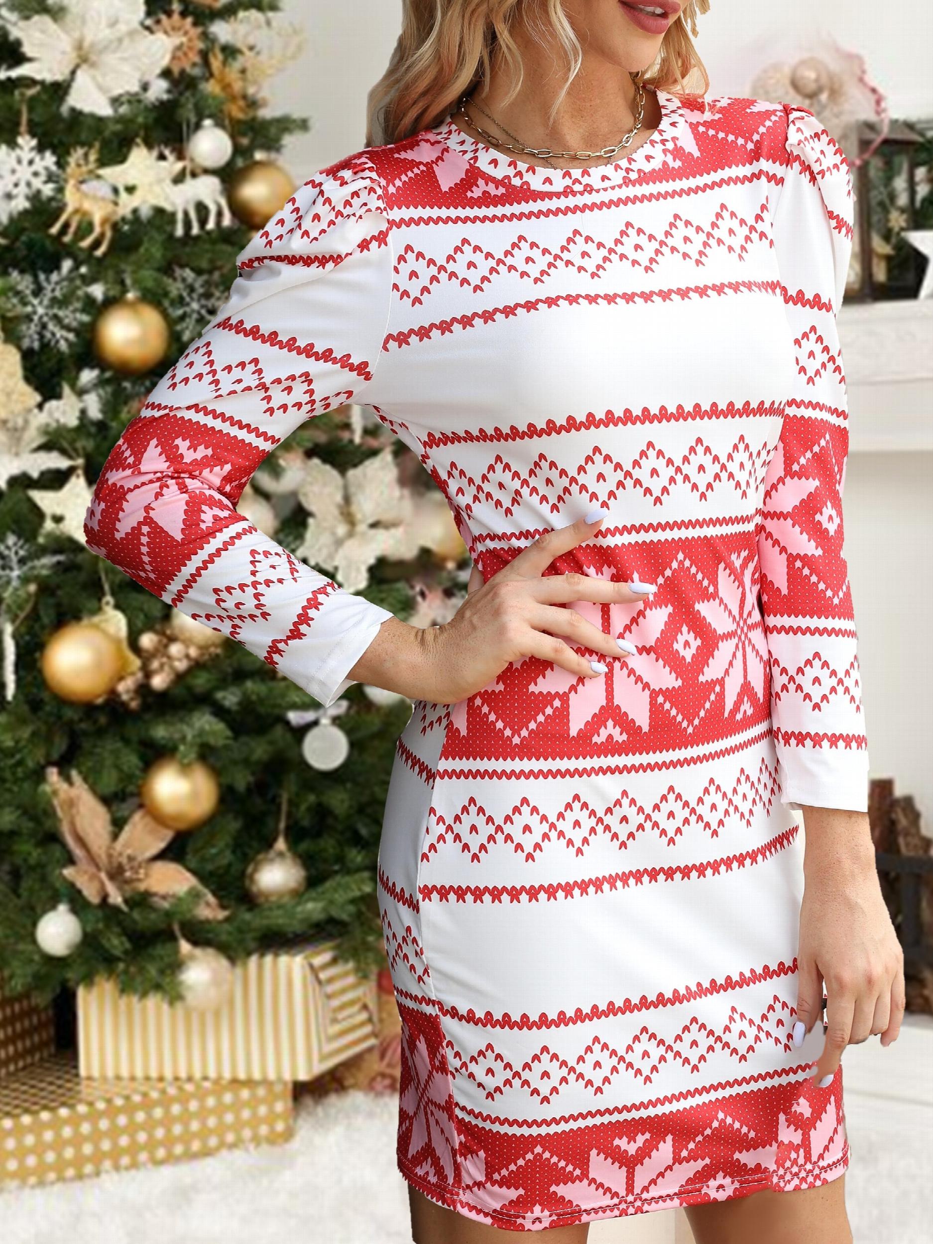 Geometric Pattern Lounge Dress Christmas Comfy Long Sleeve Home Dress