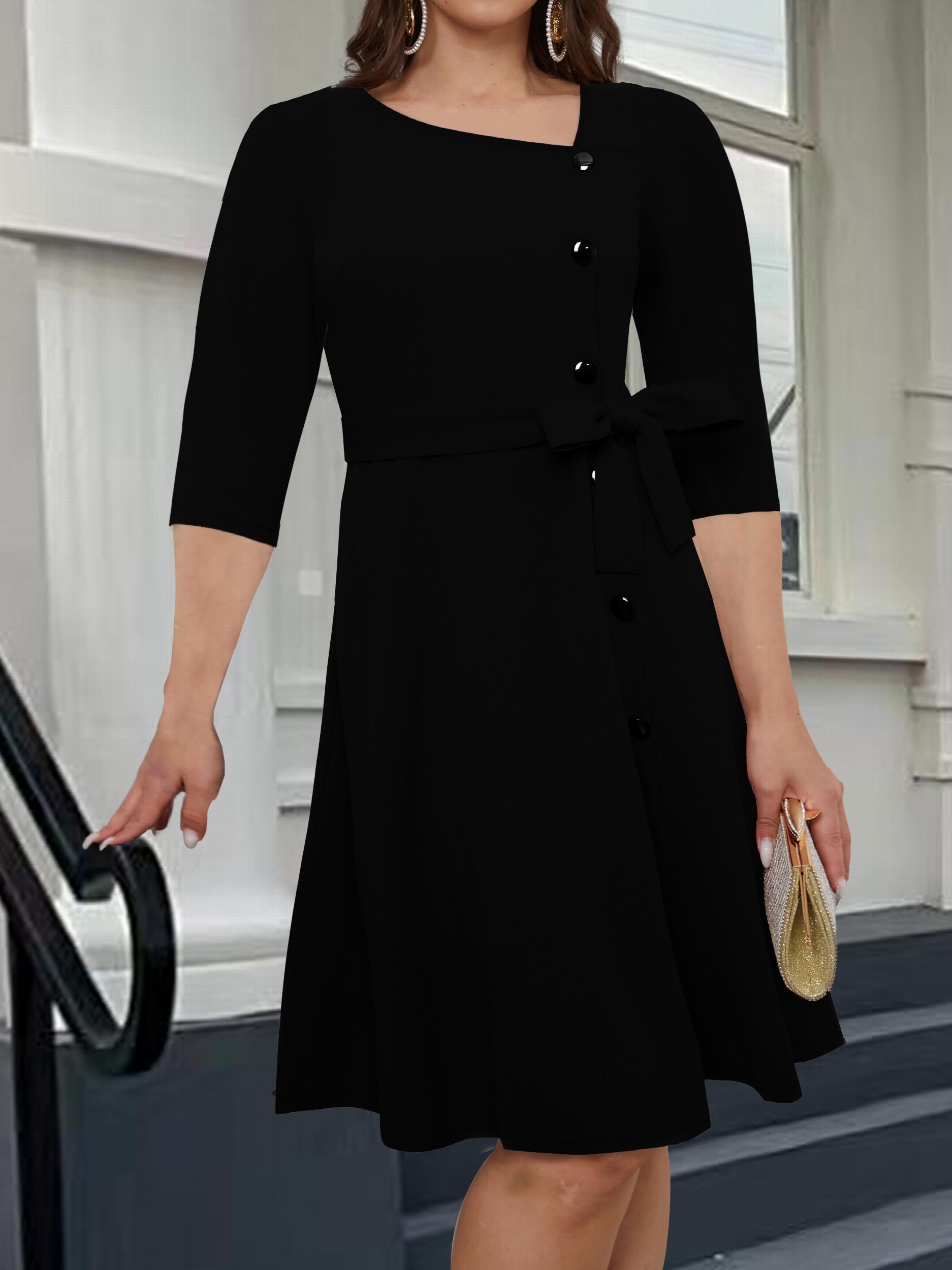 Solid Button Decor Half Sleeve Dress
