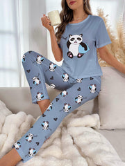 Panda Print Pajama Set Short Sleeve Crew Neck Top & Pants