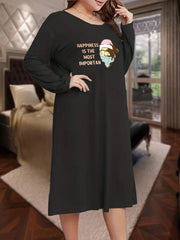 Plus Size Christmas Santa Claus Nightdress Long Sleeve Round Neck Sleep Dress