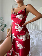 Floral Print Backless Nightdress V Neck High Split Spaghetti Strap Sleep Dress