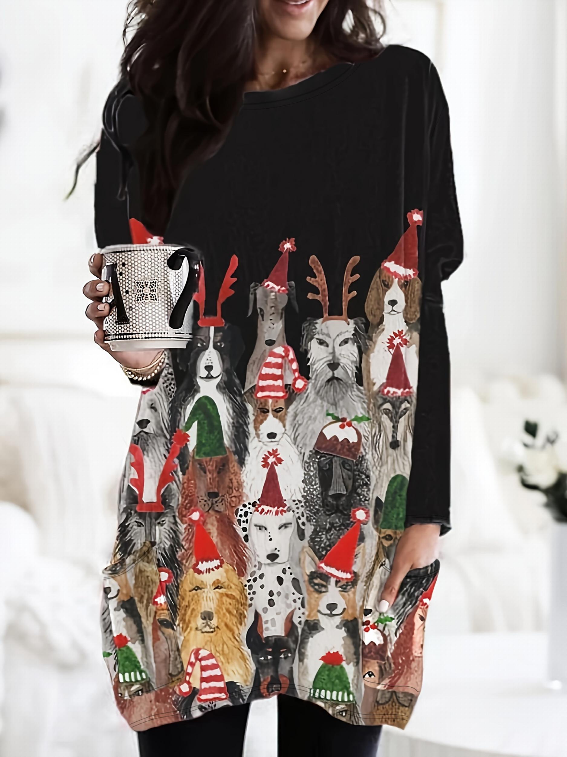 Women's Plus Graphic Print Long Sleeve Tunic Top With Pockets
