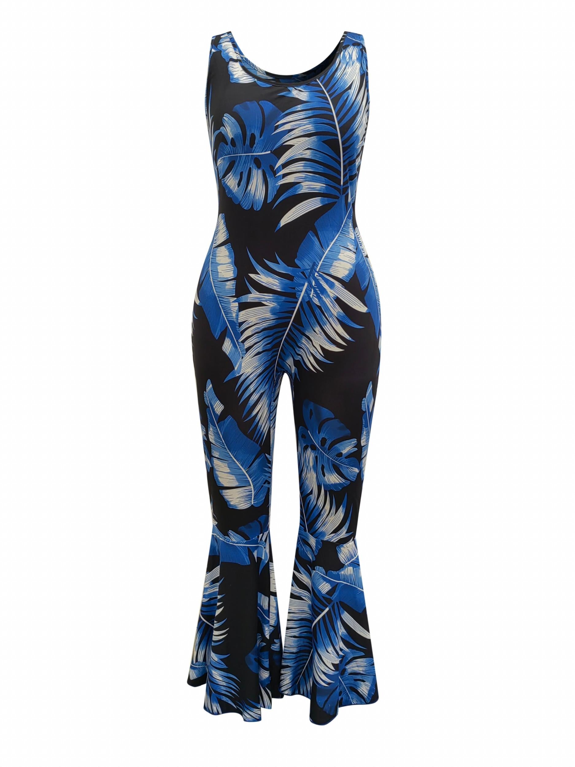 Tropical Print Flared Leg Jumpsuit