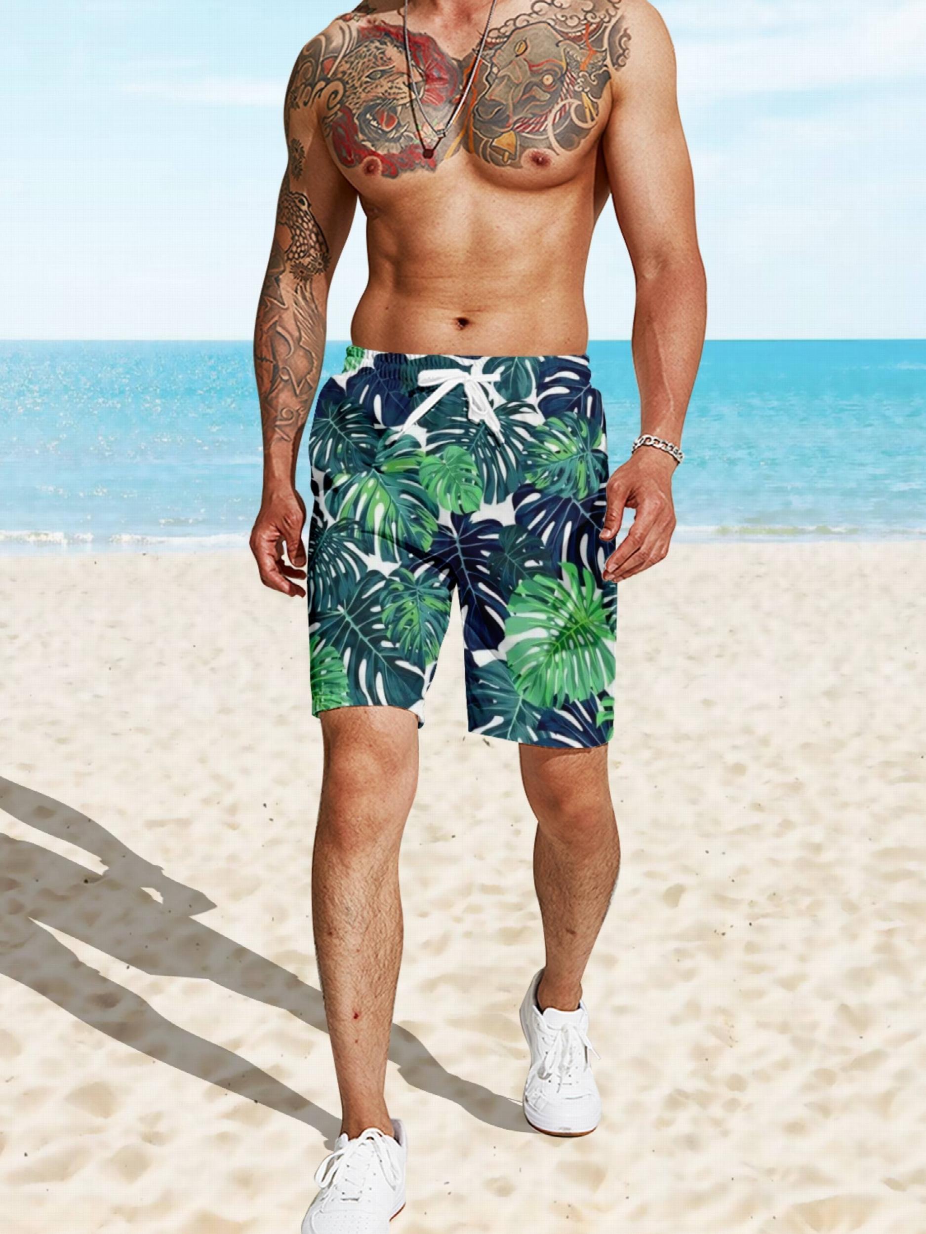 Tropical Leaf Print Swim Trunks Quick Dry Beach Shorts Men's Swimwear