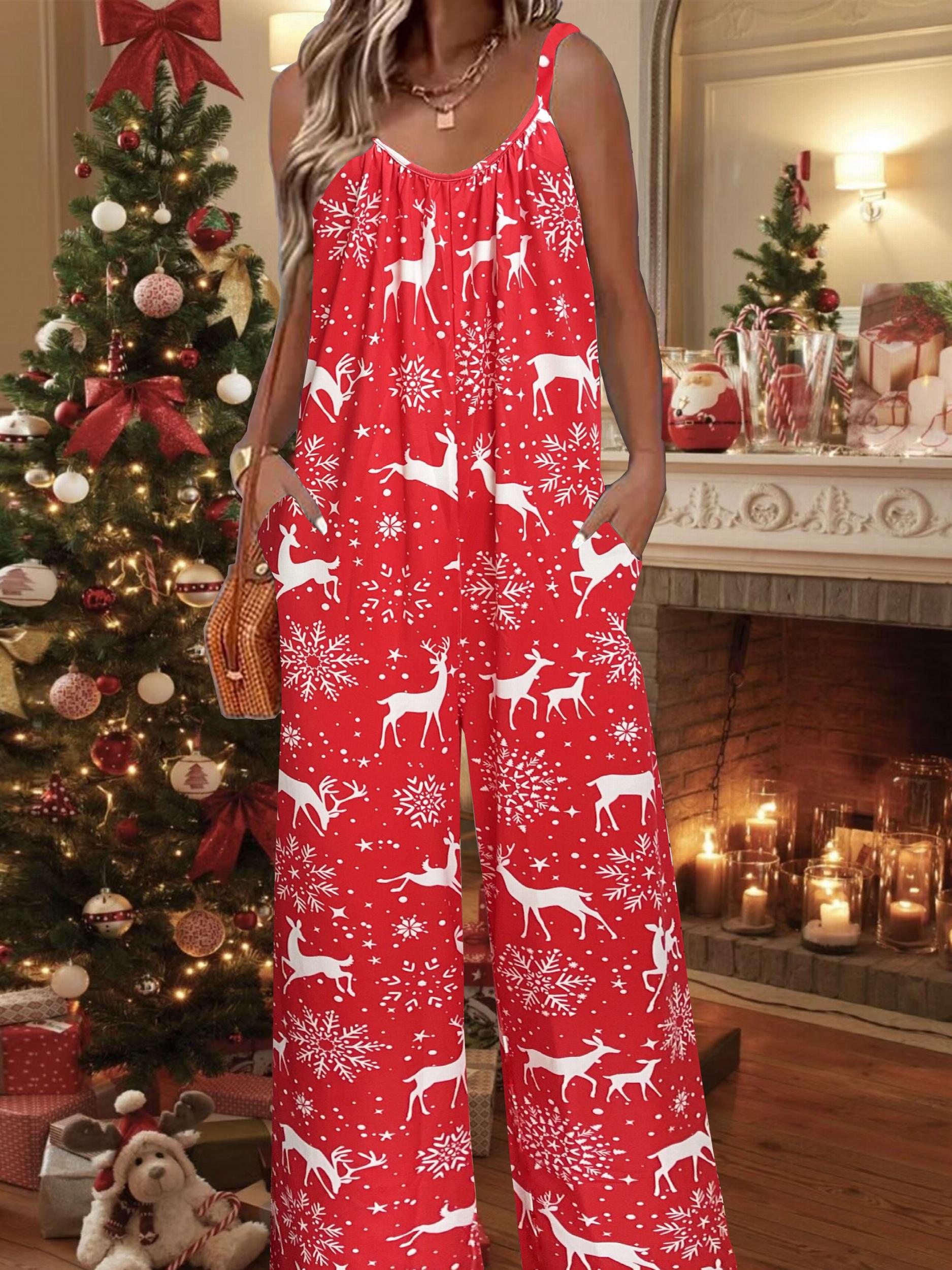 Christmas Cami Jumpsuit Women's Plus Deer & Snowflake Print Wide Leg