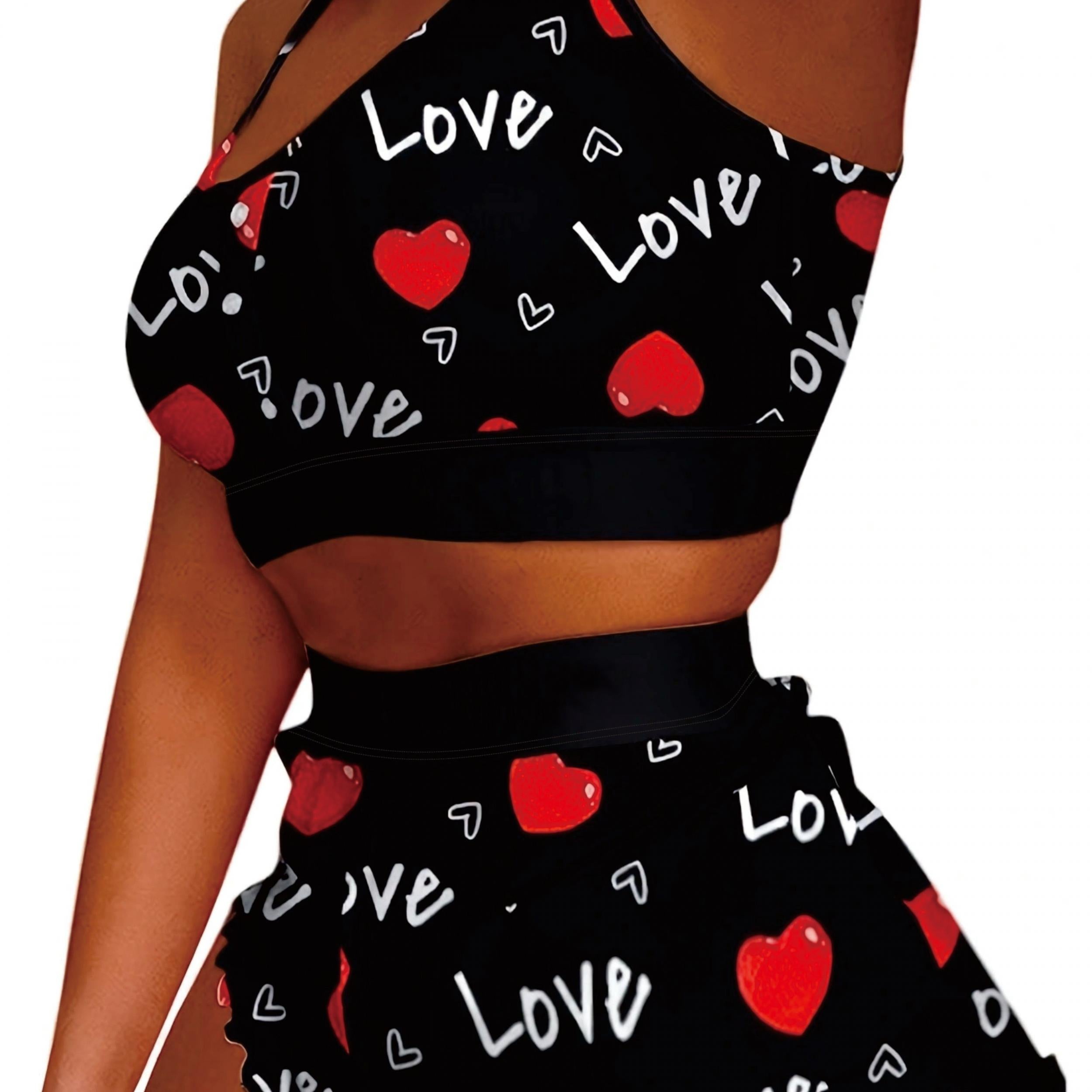 Women's Plus Heart & Letter Print Crop Cami Top & Shorts Pajama Set