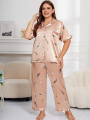 Feather Print Button Up Shirt & Pants Pajama Set