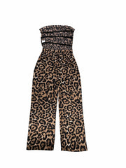 Leopard Print Shirred Tube Jumpsuit Backless Casual Jumpsuit