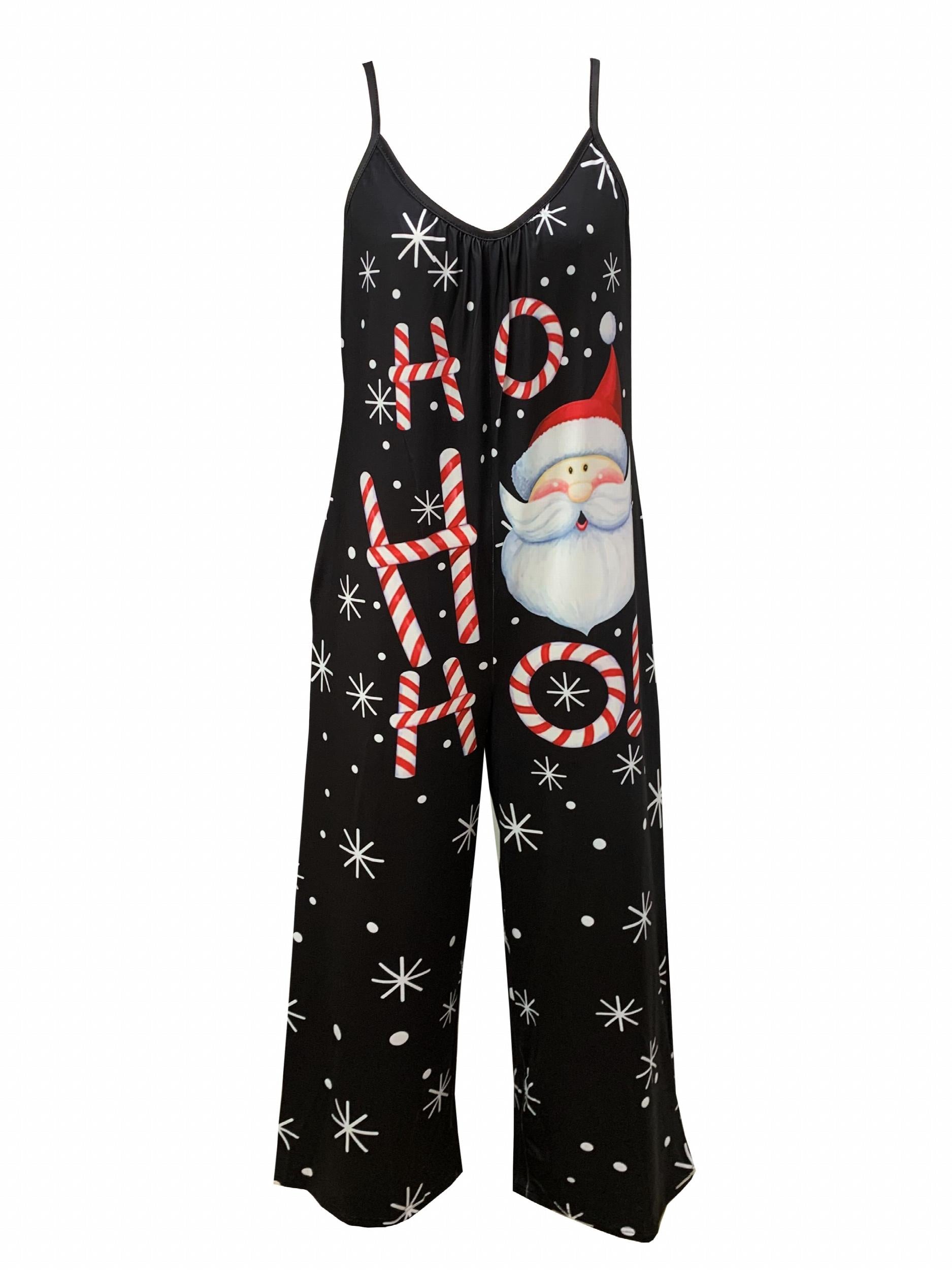 Santa Claus Snowflake Print V Neck Wide Leg Jumpsuit