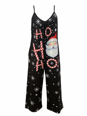 Santa Claus Snowflake Print V Neck Wide Leg Jumpsuit