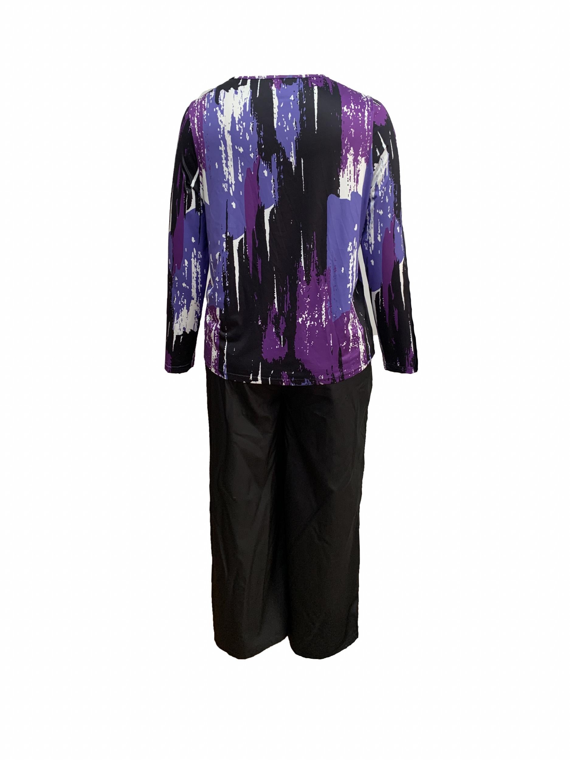 Women's Plus Brush Print Long Sleeve Top & Pants Set