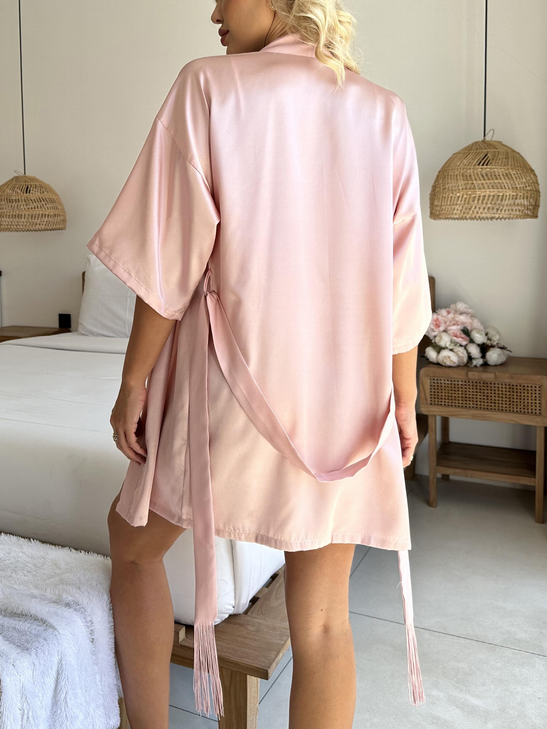 Short Sleeve V Neck Satin Night Robe with Tassel Belt