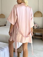 Short Sleeve V Neck Satin Night Robe with Tassel Belt