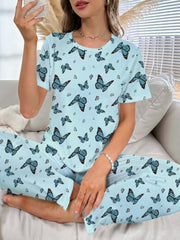 Butterfly Print Pajama Set Short Sleeve Top & Elastic Waistband Pants