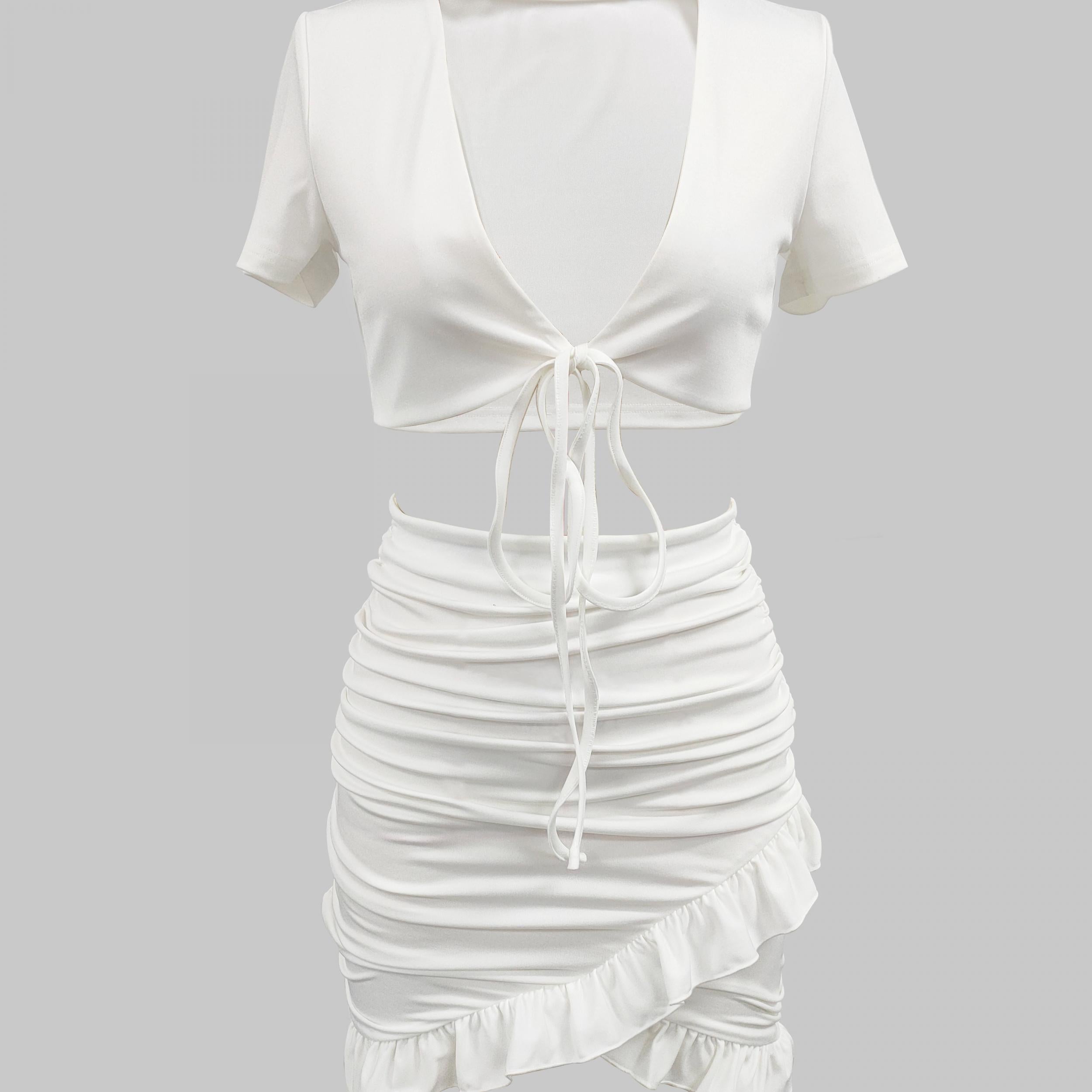 Casual Tie Front Short Sleeve Top & Ruched Bag Hip Skirt Set
