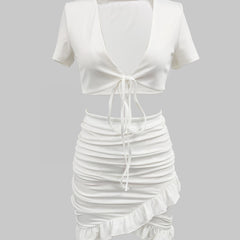 Casual Tie Front Short Sleeve Top & Ruched Bag Hip Skirt Set