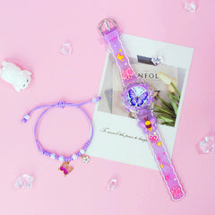 LED Night Light Quartz Watch & Butterfly Bracelet Set - Pink & Purple