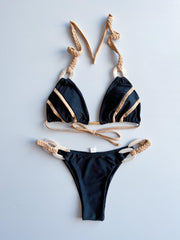 Triangle Bikini Set Halter Neck Ring Weaving Straps Backless High Cut 2 Pieces