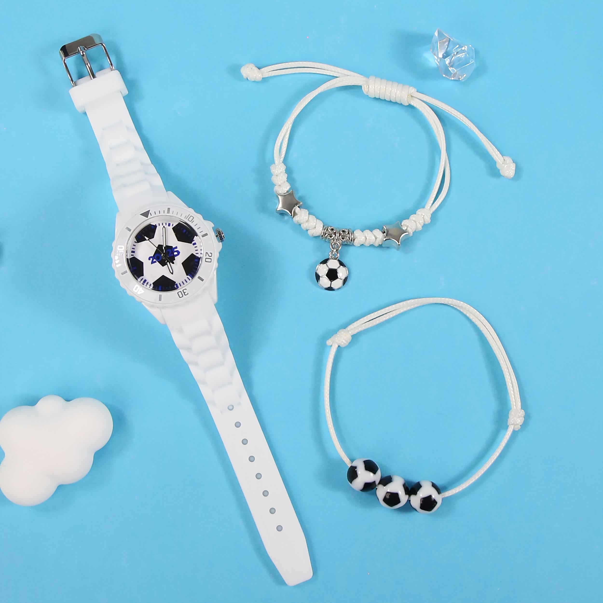 3pcs Football Fan Quartz Watch Set for Boys Students, Sports Style Soft Strap Wa