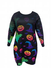 Ombre Skull & Pumpkin Print Long Sleeve Tee Dress