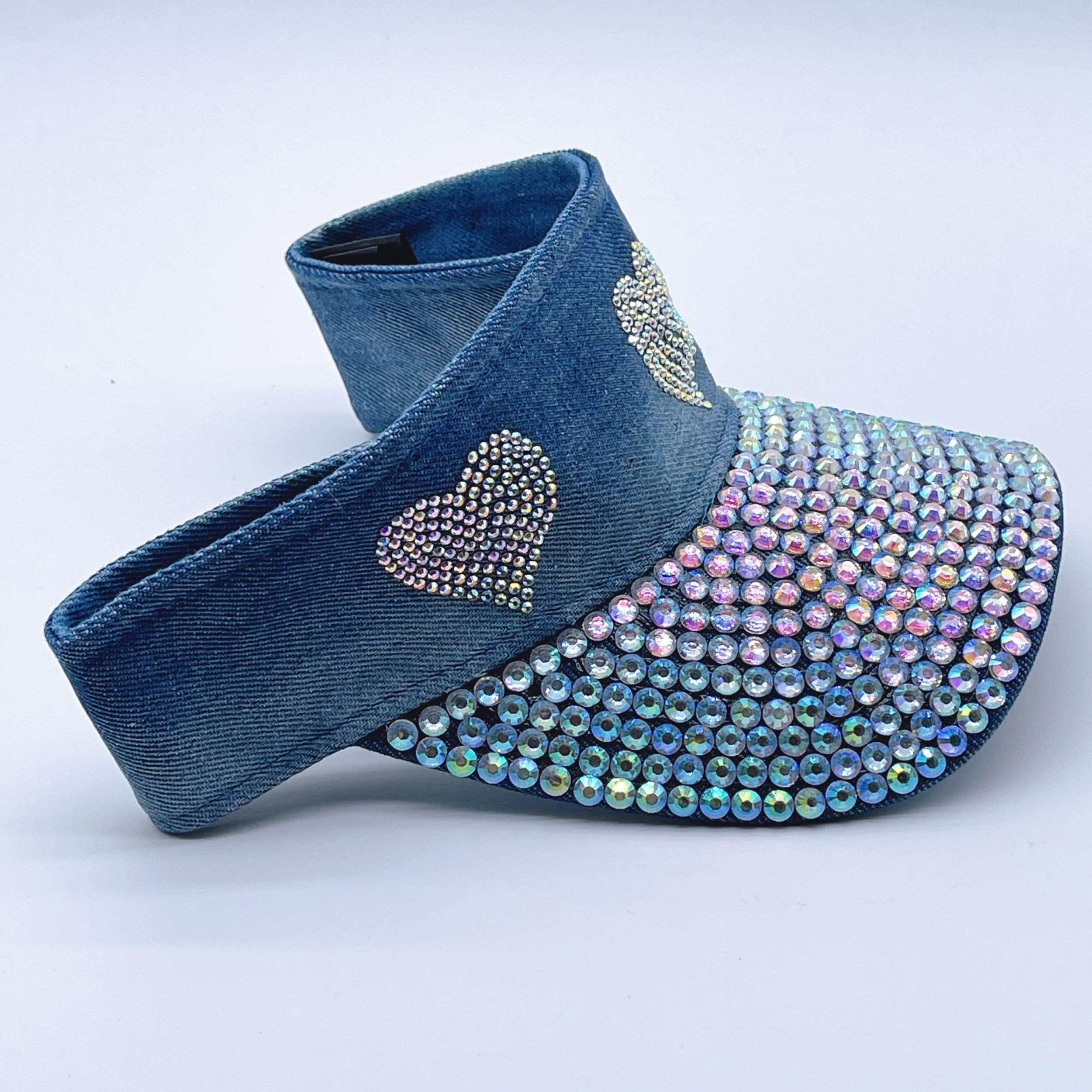 Rhinestone Heart Visor Hat Denim Washed Ponytail Sun Hat