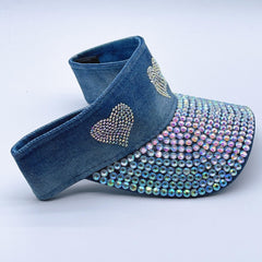 Rhinestone Heart Visor Hat Denim Washed Ponytail Sun Hat