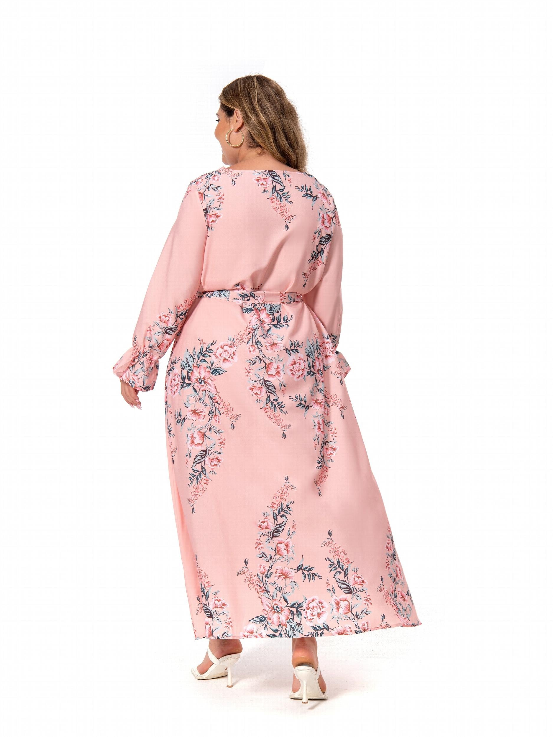Floral Print Ruffle Trim Long Sleeve Dress With Belt