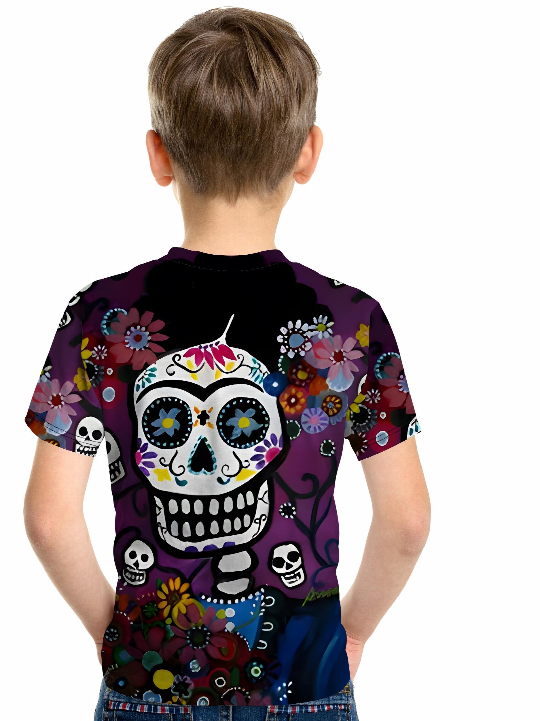 Boys Skull Floral Print T-shirt Short Sleeve Crew Neck Top