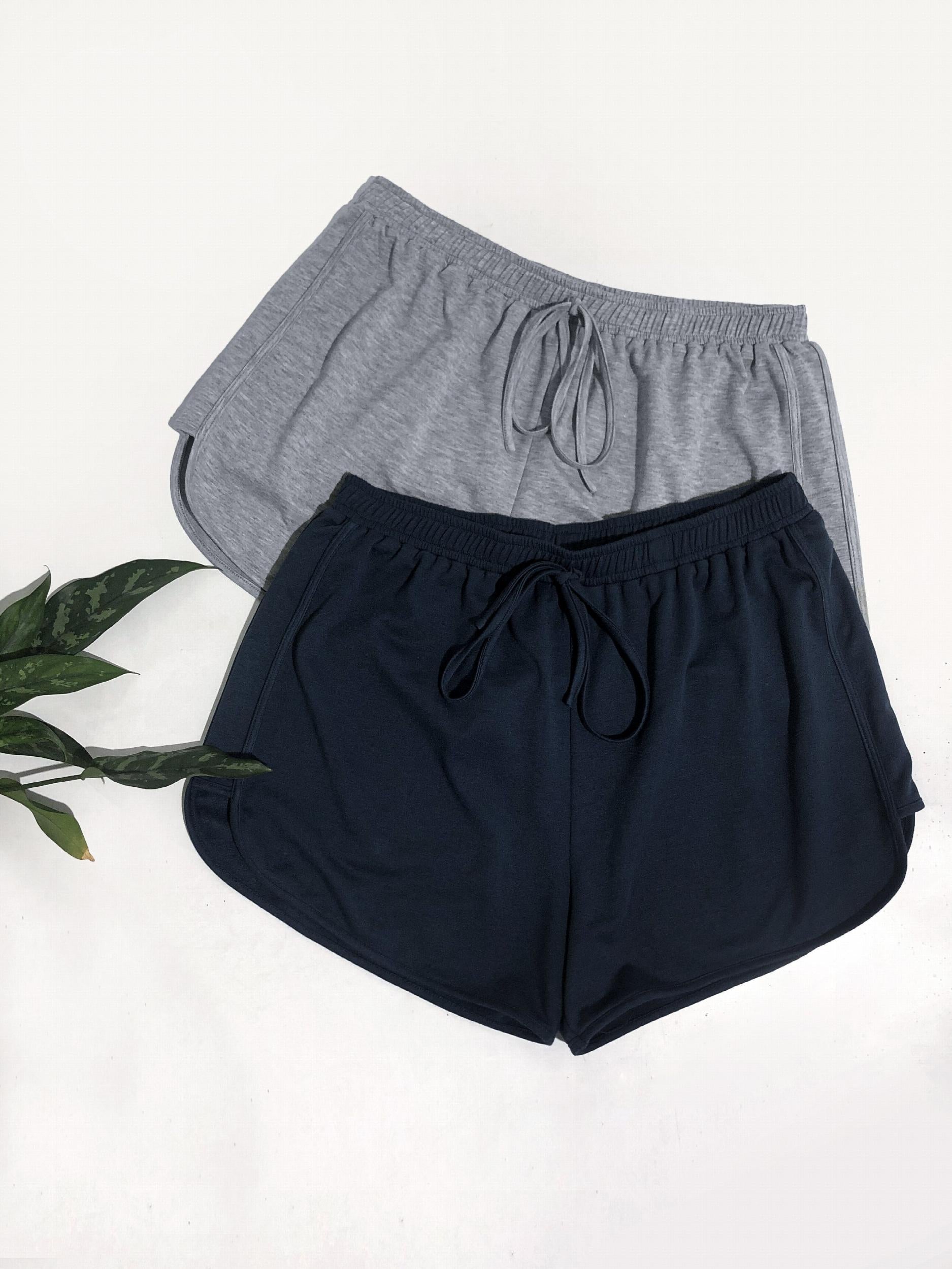 2 Pcs Plus Size Basic Shorts Set - Women's Plus Solid Drawstring Elastic