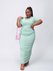 Maxi Dress Solid Short Sleeve Round Neck Ruched High Stretch