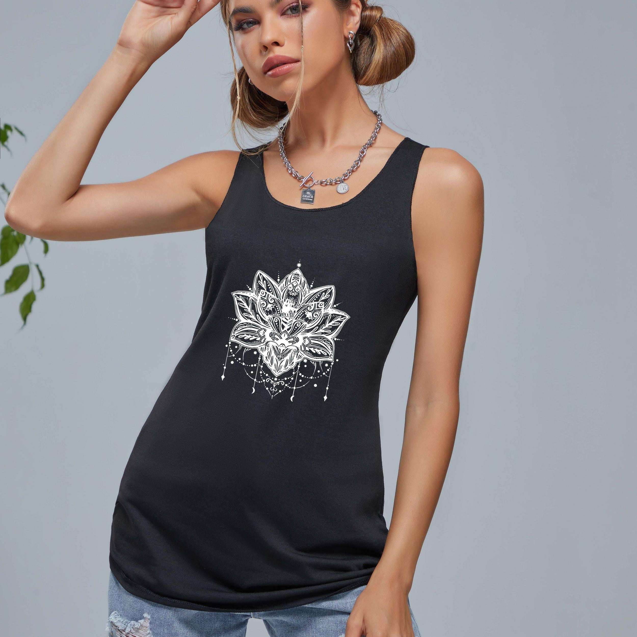 Lotus Graphic Sports Tank Top Crew Neck Sleeveless Shirts Women's Summer Tops