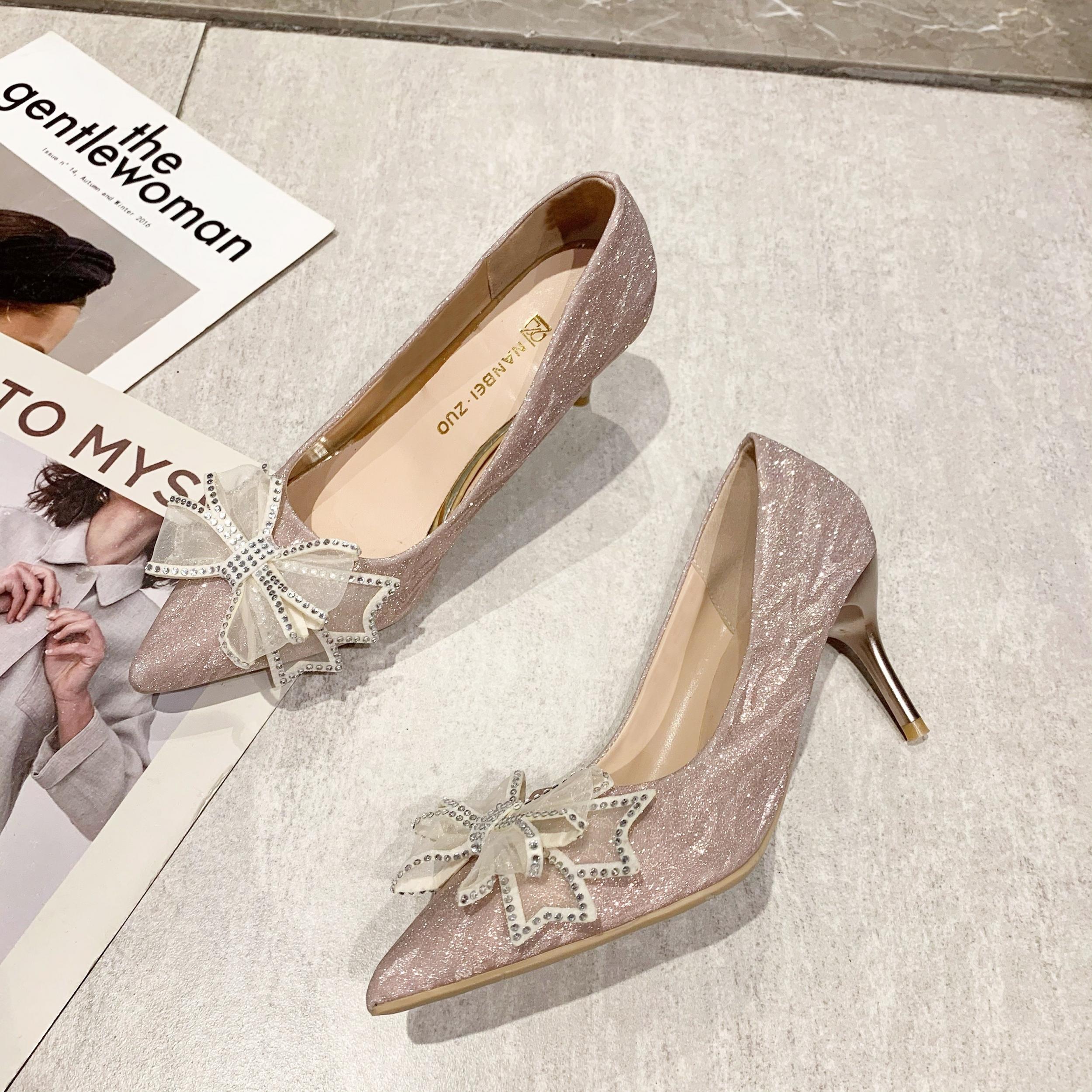 Rhinestone Bow High Heels Glitter Pointed Toe Stiletto Slip On Pumps
