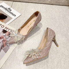 Rhinestone Bow High Heels Glitter Pointed Toe Stiletto Slip On Pumps