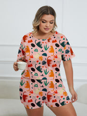 Cat & Leaf Print Tee & Shorts Pajama 2 Piece Set