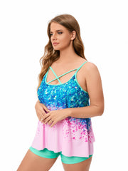 Women's Plus Size Sequin Print Criss Cross Tankini Set