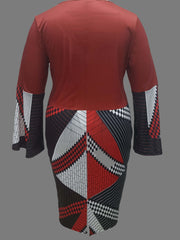 Colorblock Argyle & Stripe Print Bell Sleeve Bodycon Midi Dress