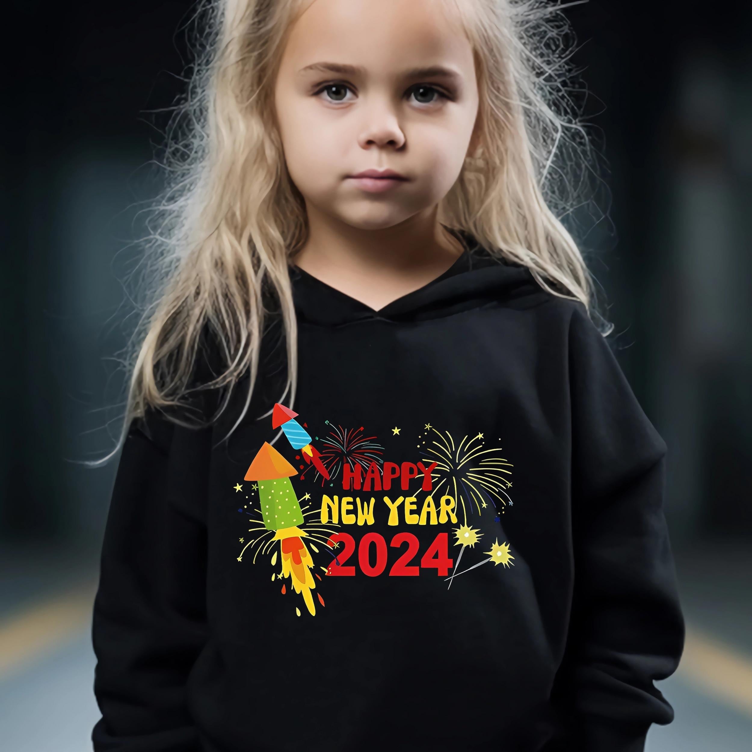 Cartoon Rockets Pattern Hooded Sweatshirt & Sweatpants Set for Girls