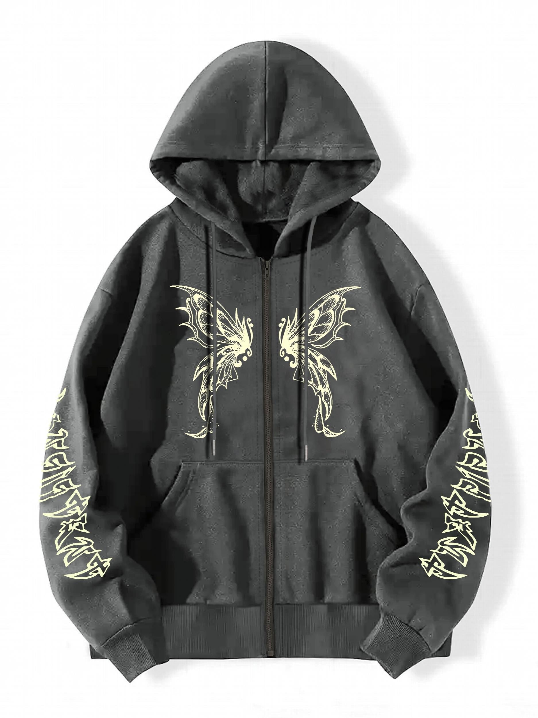 Butterfly Graphic Hooded Sports Sweatshirt Zipper Up Long Sleeve Hoodie