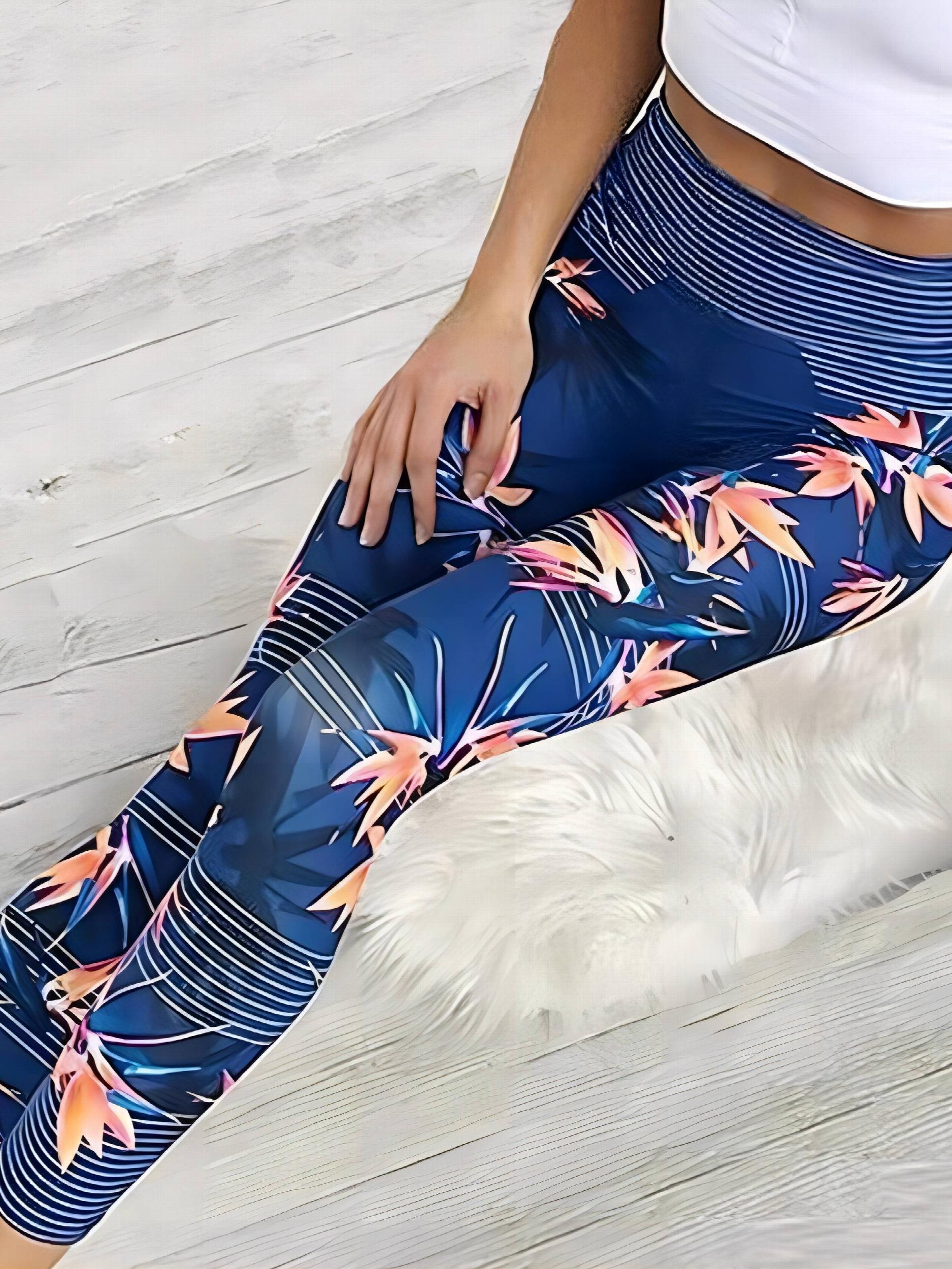 Leaf & Stripe Print High Rise Yoga Leggings