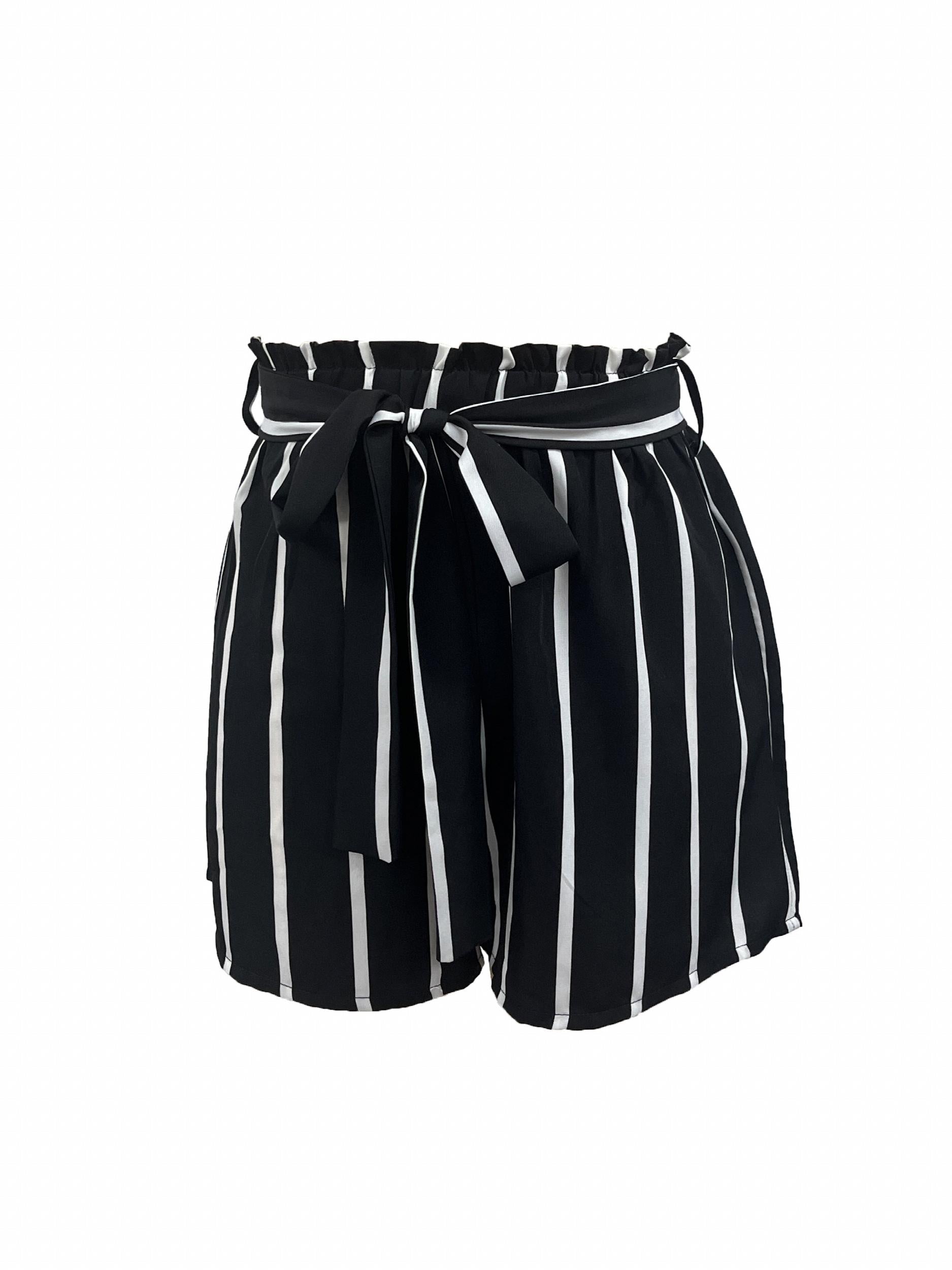 Striped Print Tie Front Shorts Wide Leg Summer Casual Shorts