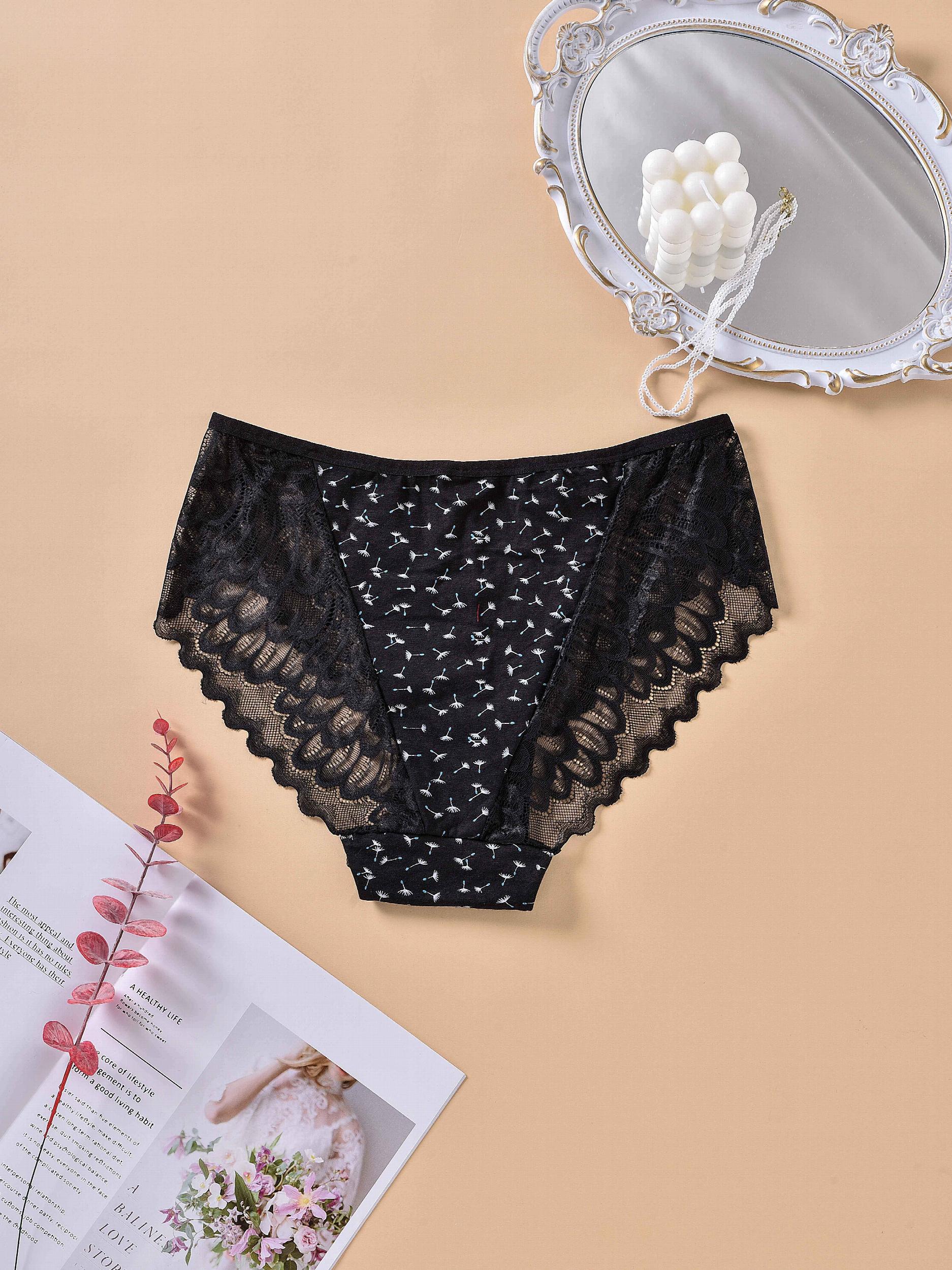 3 Pack Plus Size Lace Trim Briefs Set Dandelion Print High Stretch Underwear