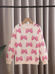 Girls Bow Print Crew Neck Sweatshirt Long Sleeve Pullover Top
