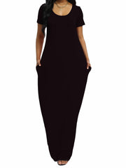 Solid V Neck A Line Short Sleeve Maxi T shirt Dress