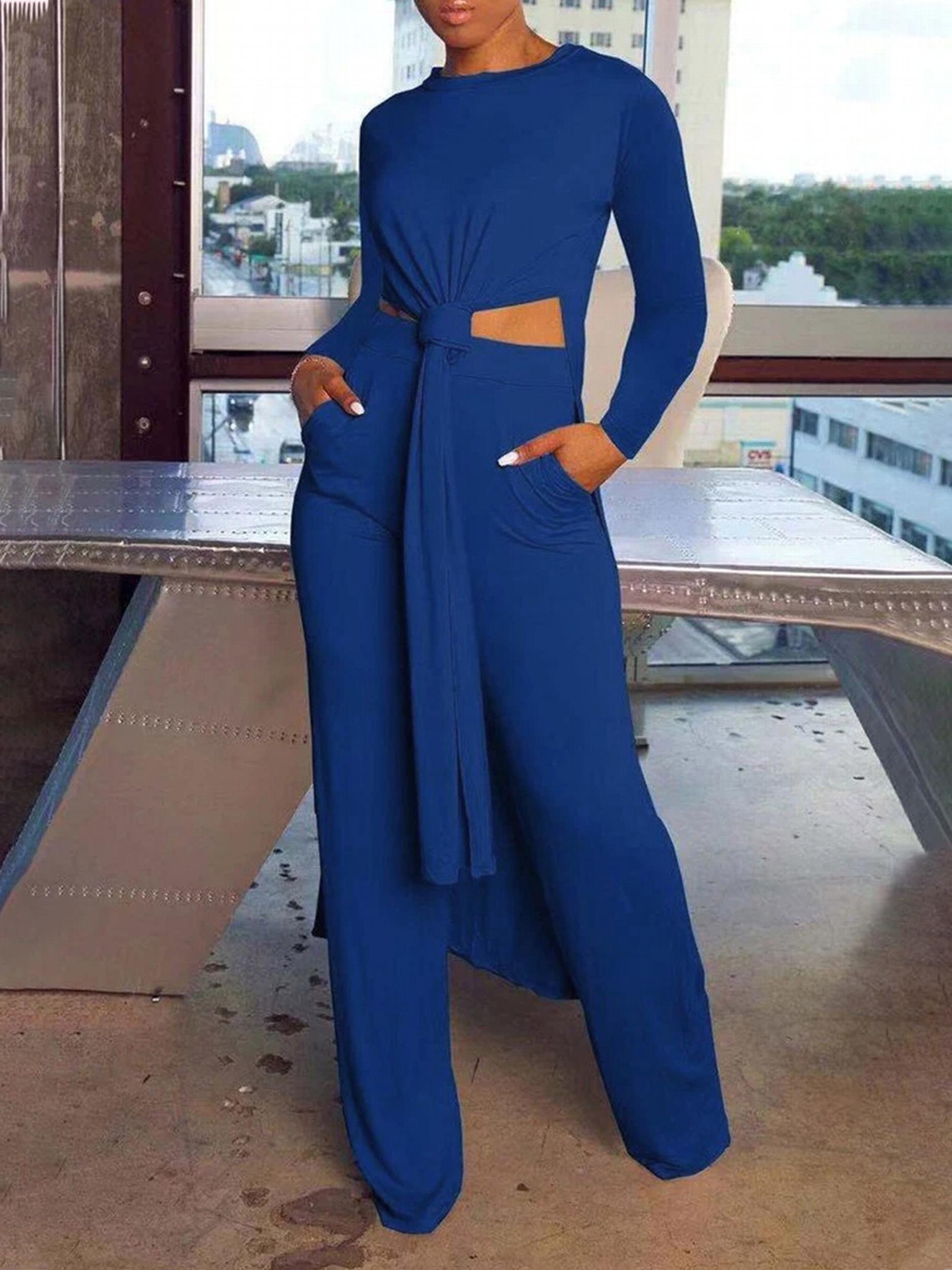 Solid Long Sleeve Round Neck Tunic Top & Pants Set