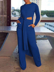 Solid Long Sleeve Round Neck Tunic Top & Pants Set