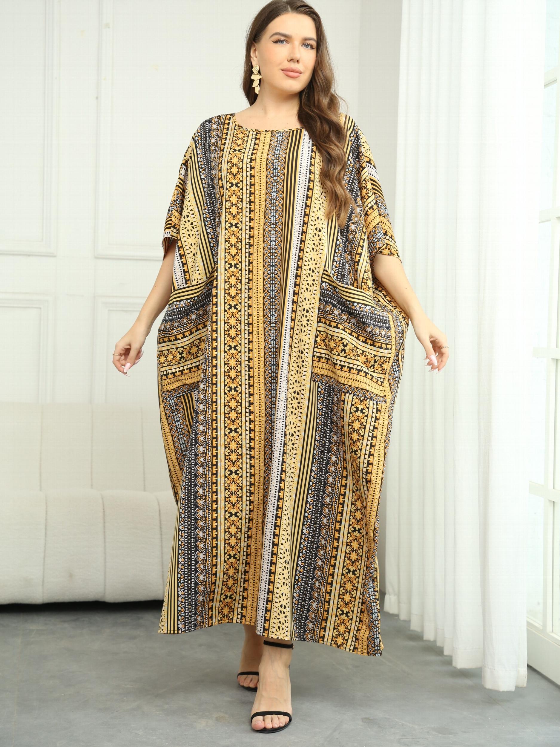 Patchwork Print Batwing Sleeve Loose Fit Maxi Jalabiya Dress