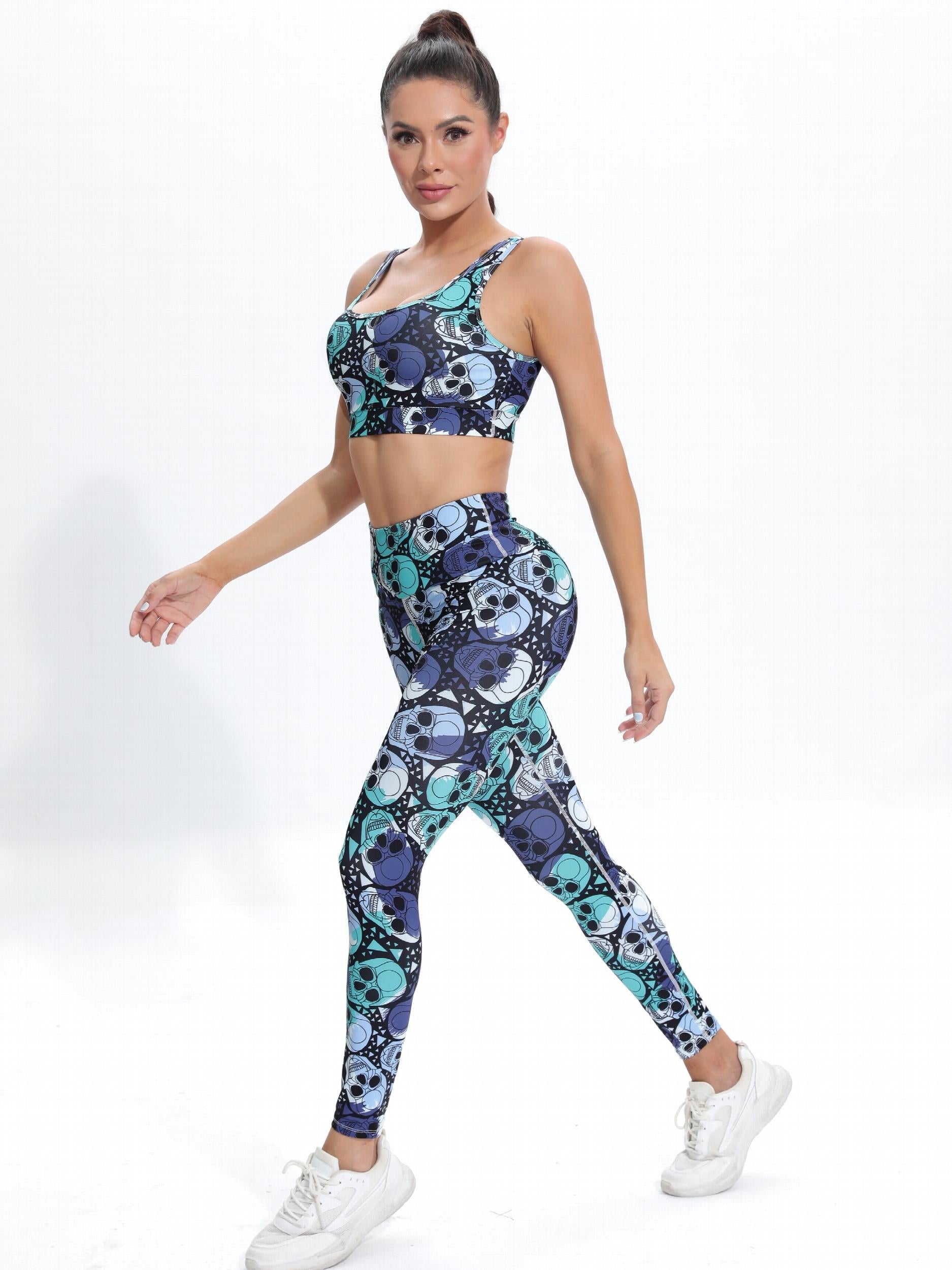 Skull Graphic Yoga Set Sports Crop Top & High Waist Leggings Outfit