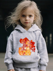 2pcs Big House Print Girls Hoodies Jogger Pants Set For Sports
